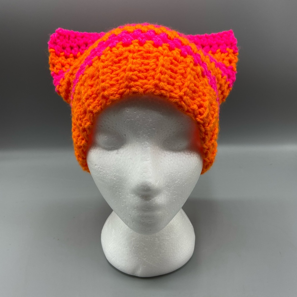 Cat beanie crochet handmade kawaii new pink orange